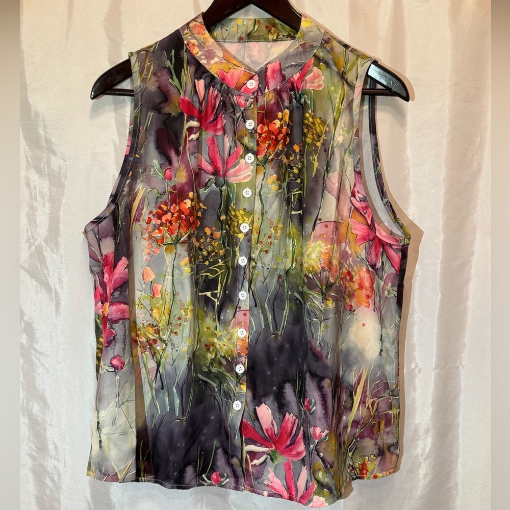 Watercolor Floral Sleeveless Blouse Size XL